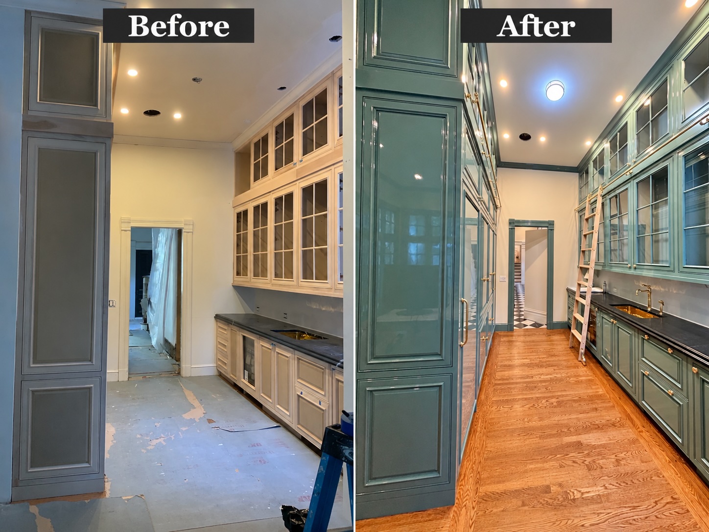 Before and after finishing of custom built-in cabinetry in a glossy green finish