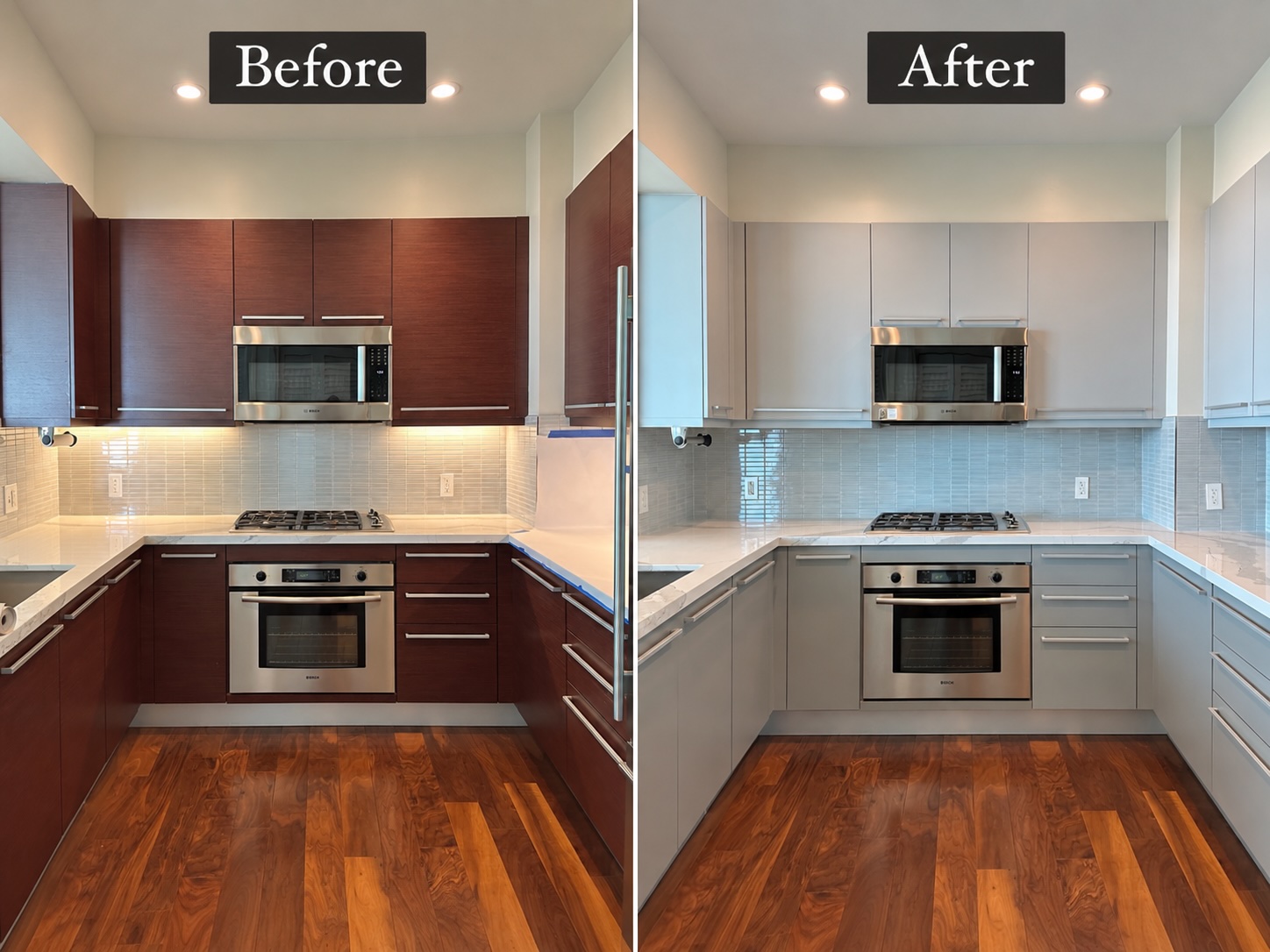 Before and after refinishing of modern kitchen cabinets from dark wood to light gray