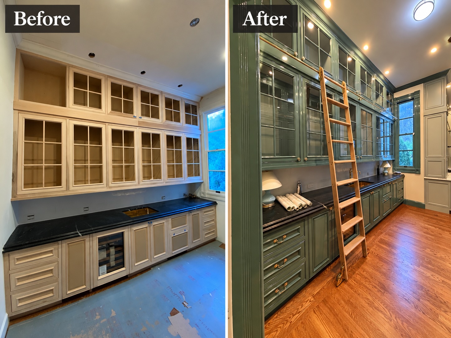 Before and after painting of built-in kitchen cabinetry in a high gloss deep green finish