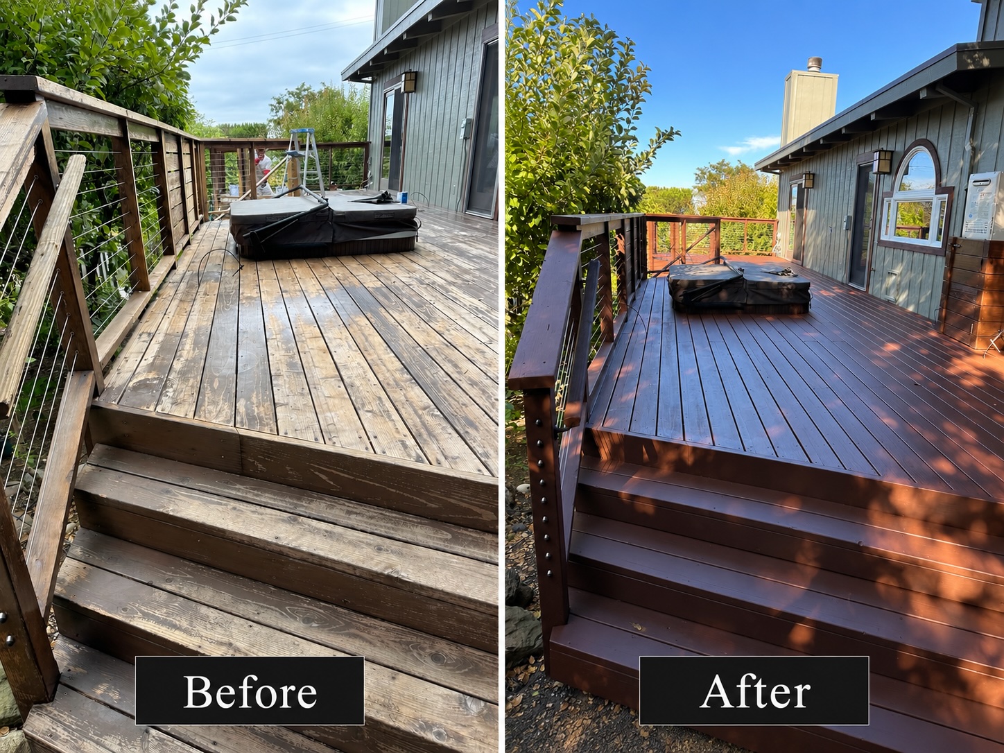 Before and after refinishing of an exterior wood deck and stairs