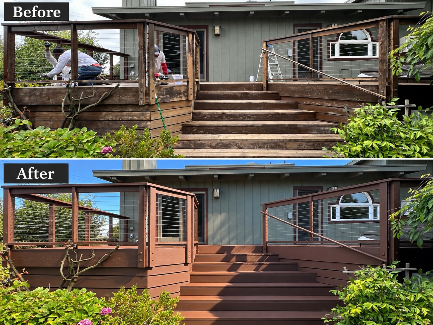 Before and after restoration and refinishing of a weathered wood deck