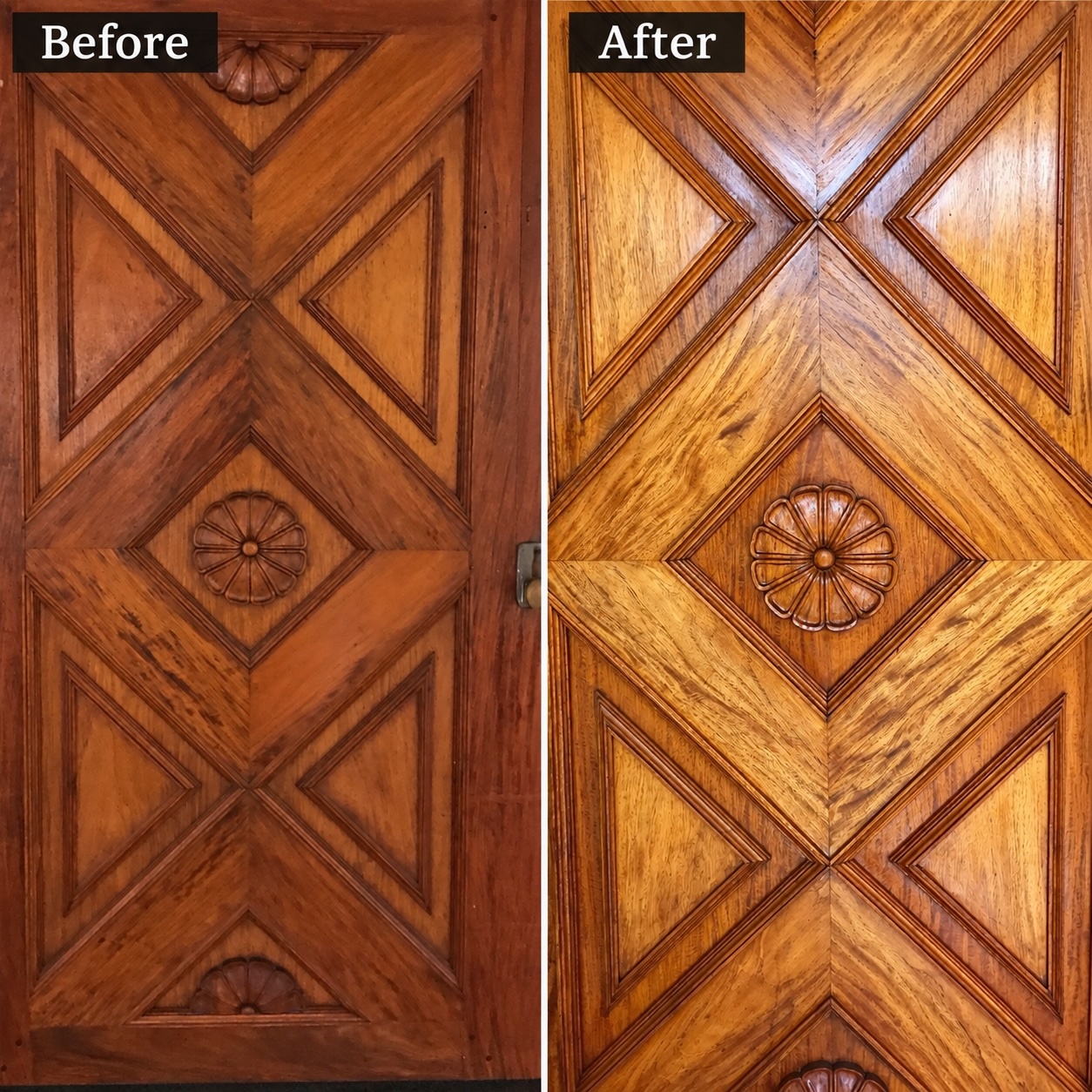 Before and after restoration of an ornate natural wood door