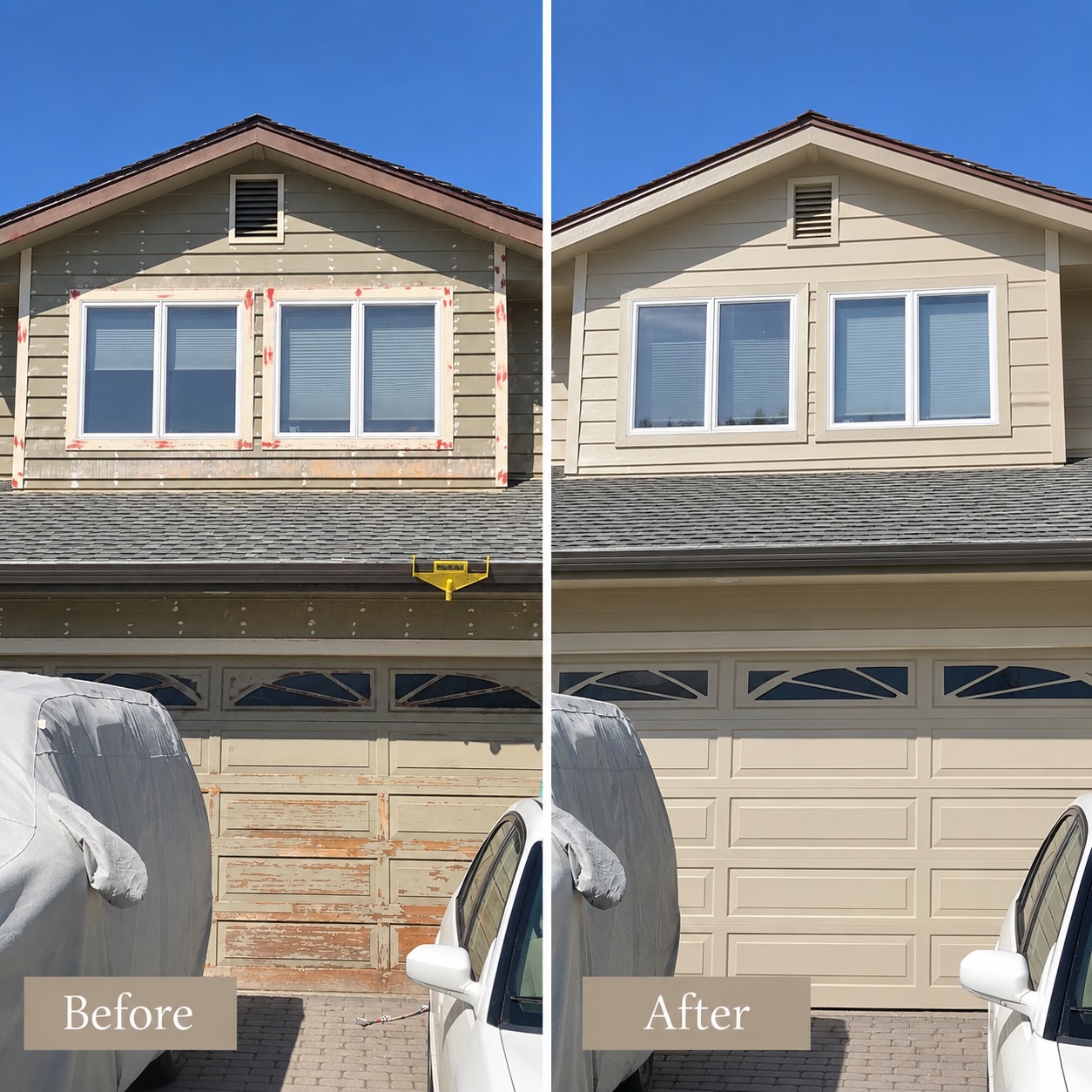 Before and after painting of exterior siding, window trim, and garage door