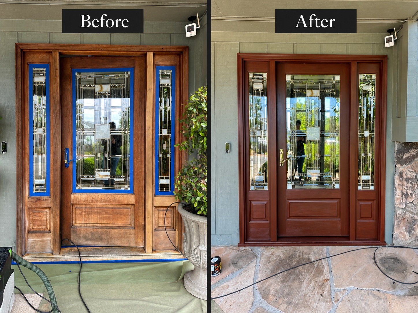 Before and after refinishing of a wood front door and sidelights