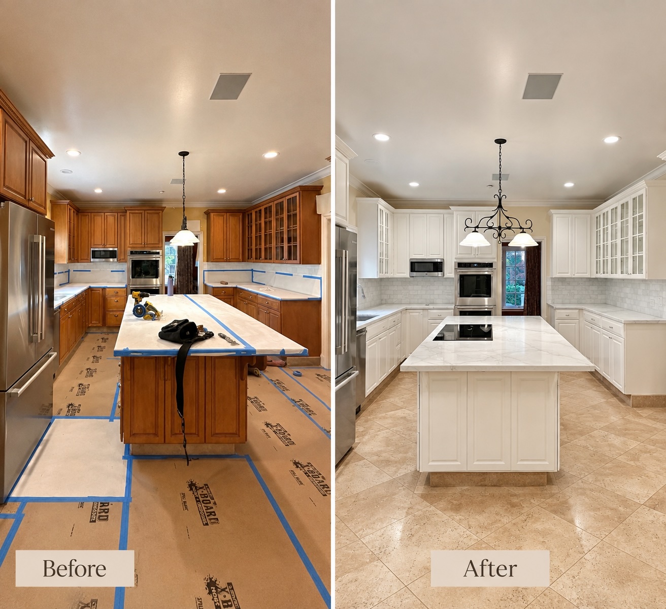 Before and after kitchen cabinet painting from stained wood to bright white