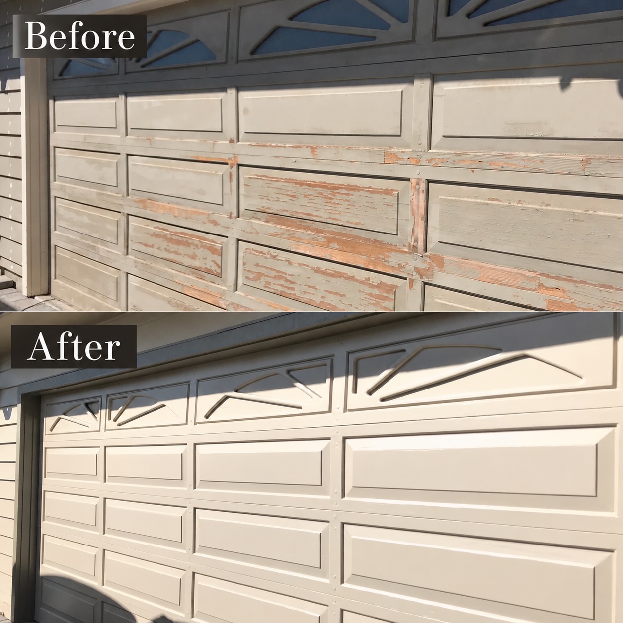 Before and after repair, preparation, and repainting of a weathered garage door