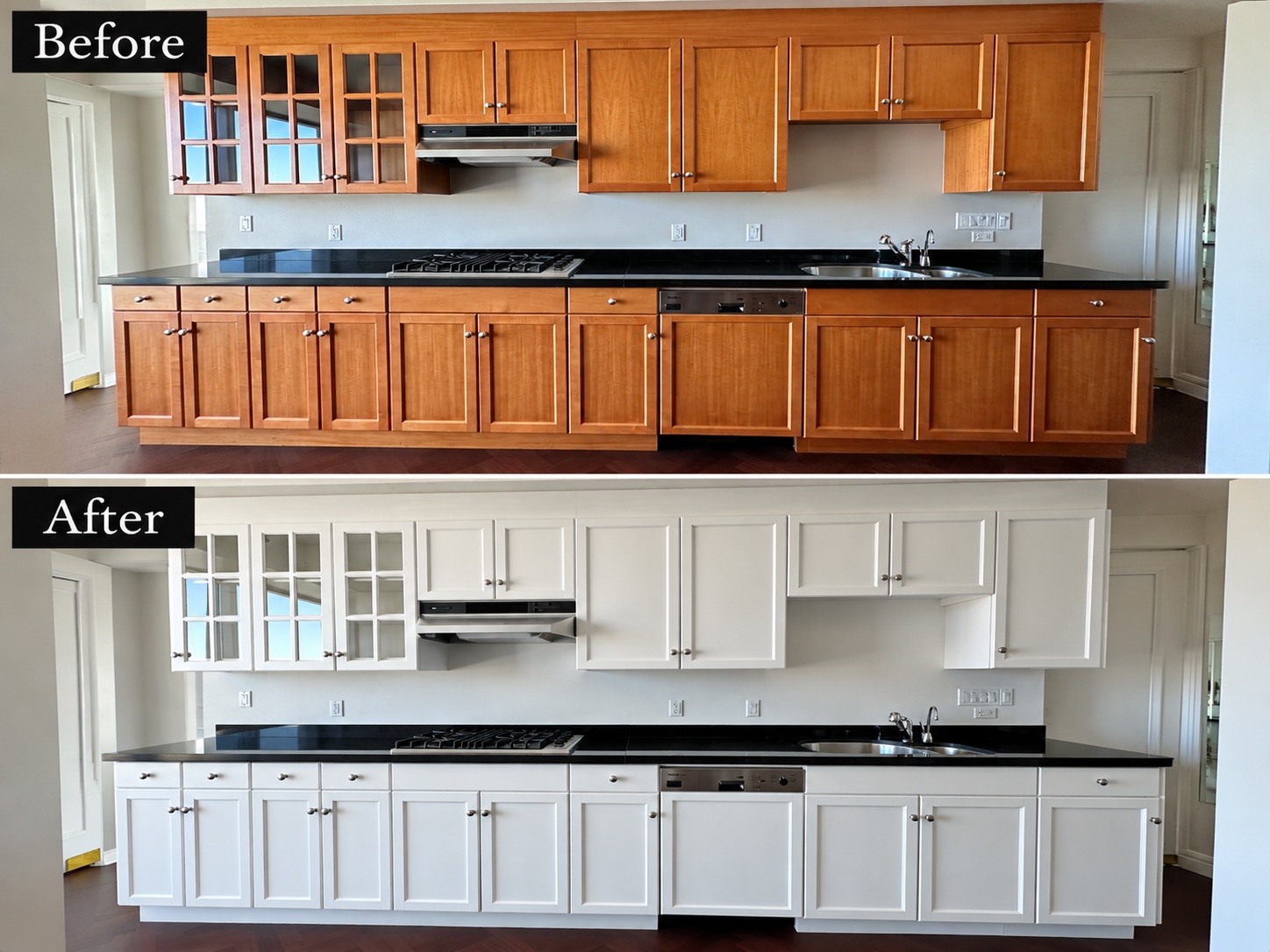 Before and after painting of stained wood kitchen cabinets in white