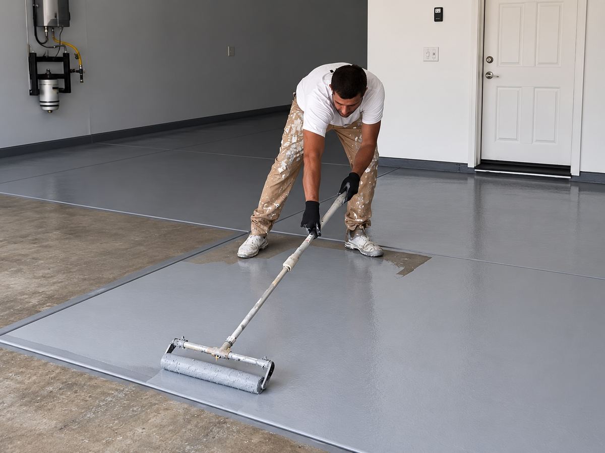 Garage Epoxy Floor Coating Worker applying a gray epoxy coating to a concrete garage floor with a wide roller.