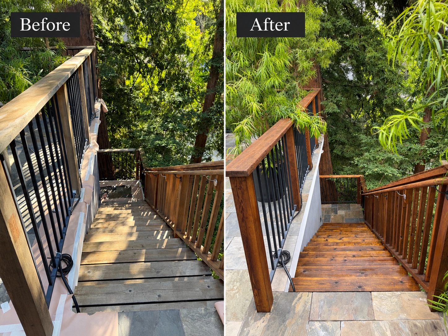 Before and after refinishing of exterior wood stairs and railings