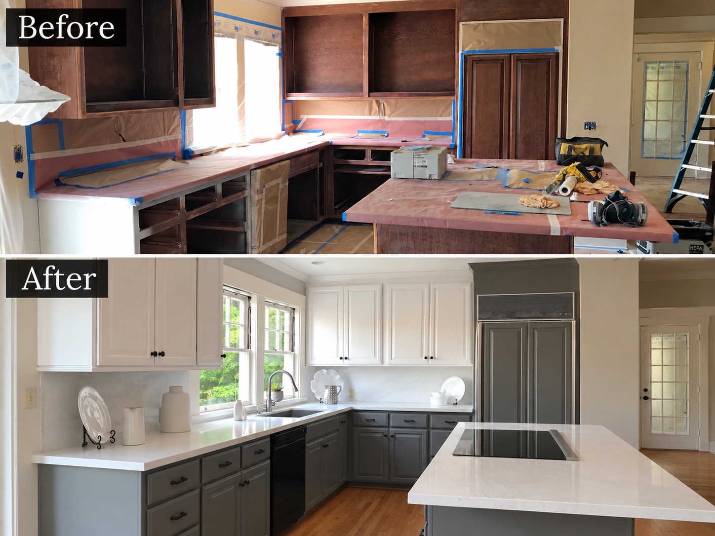 Before and after kitchen cabinet refinishing with white uppers and gray lowers