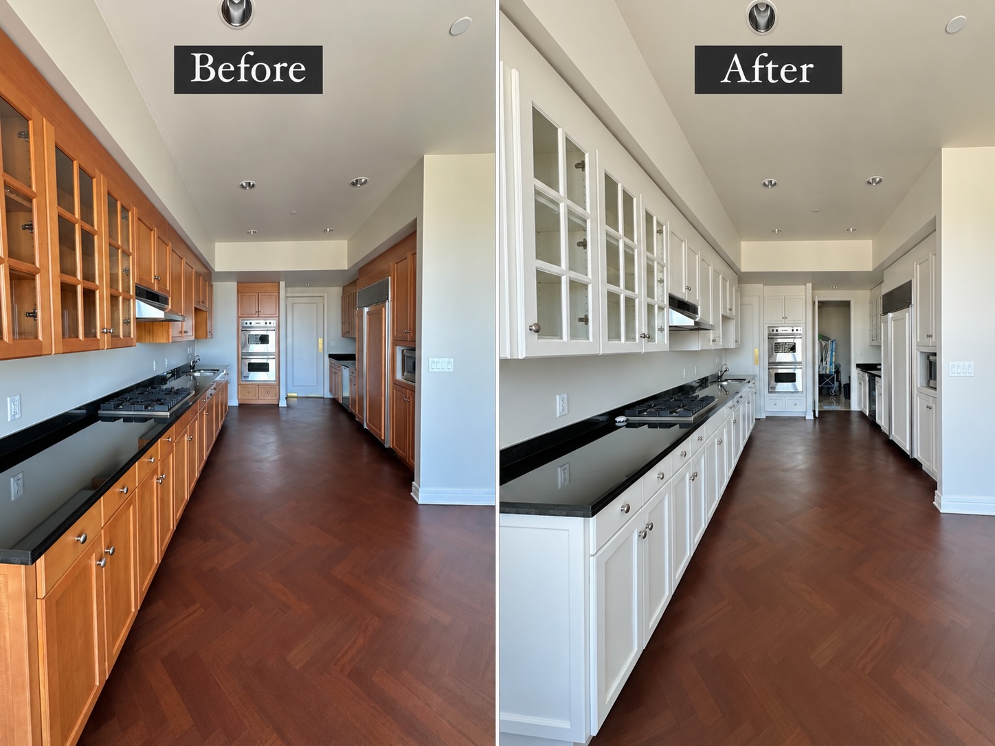 Before and after refinishing of kitchen cabinets from natural wood to white