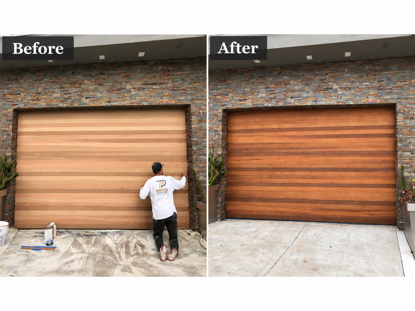 Before and after staining and refinishing of a wood garage door