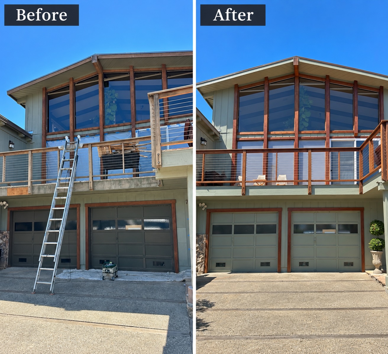 Before and after refinishing of exterior wood trim, railings, and architectural details